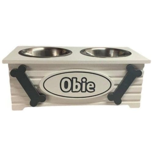 Personalised Two Bowl Wooden Dog Feeder