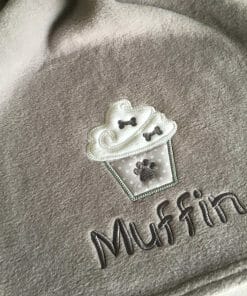Grey Personalised Dog Blanket with Embroidered Dog Cupcake