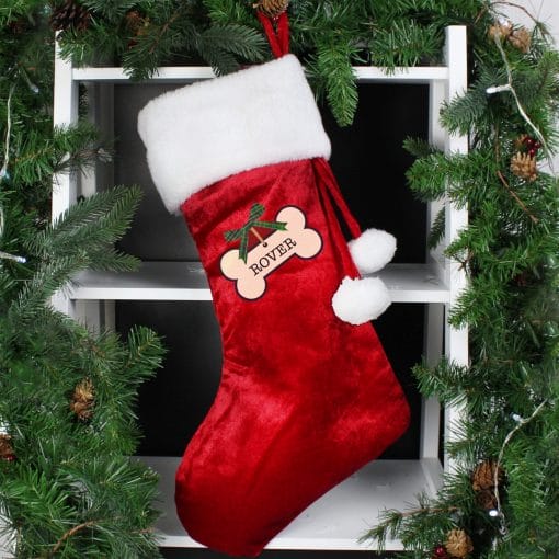 Personalised Red Christmas Stocking with Dog Bone Design